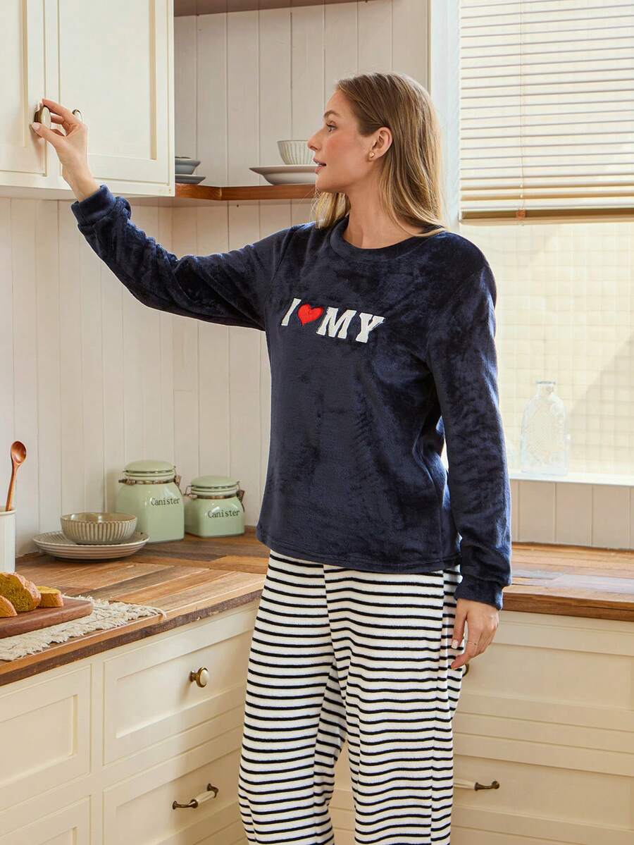 SHEIN Doze Lane Plush Striped Print Letter Embroidered Cozy Long Sleeve Top & Long Pants Women Loungewear Navy Blue Pajama Set, Fluffy Winter Clothes - Navy Blue - View 1