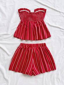 Soleia 女士条纹印花荷叶边下摆扭结前襟无袖露脐上衣和休闲短裤两件套，适合派对、海滩、度假等场合。 - 紅色 - 查看 2