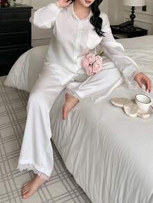 Dazy Plus 2pcs/Set Elegant White Loose Contrast Lace Top And Straight Leg Pants Pajama Set, Plus Size Women Spring/Autumn - White - View 2