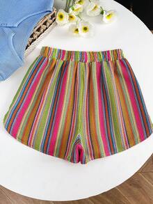 Franclia 女士休闲度假风撞色条纹印花抽绳腰宽松短裤，夏季 - 彩色 - 查看 3