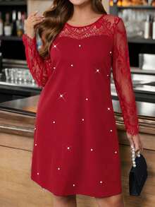 SHEIN Clasi 大码女式撞色蕾丝仿珍珠细节圆领长袖直筒优雅职业连衣裙商务休闲女装 - 紅色 - 查看 1