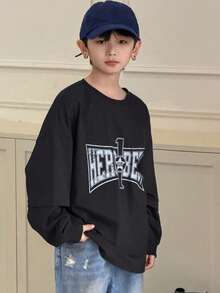DAZY Tween Boy Letter Print Crew Neck Dropped Shoulder Long Sleeve Casual Loose T-Shirt - Black - View 3