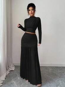 Elenzga 时尚纯红色立领长袖性感镂空网纱拼接褶皱A字连衣裙，适合毕业派对、节日活动、度假、约会、圣诞节等场合。 - 黑色 - 查看 8