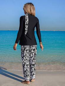 Swim Mulvari 26ss Summer Vacation Beach Resort Middle Eastern Conservative Long Sleeve Long Pants Abstract Paisley Black & White Floral Women Camisole Strap Bikini,New Women's Swimwear ArrivalFor School,Suitable For Holiday, Date, Afternoon Tea, Western, Cruise, Beach, Island, Road Trip, All Seasons, Music Festival, Boho Vacation,Bohemian Vacation, Chill Autumn ,Western Boho ,Elegant Tops For Women Long Sleeve Two Piece Set Modest Two Piece Set Two Piece Set Women Skirt Black And White Maxi Dress Black And White Two Piece Set - Black - View 7