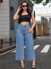 SHEIN ICON Quần jeans ống đứng cạp chun, gấu quần rách tua rua dành cho nữ cỡ lớn, màu xám nhạt. - Rửa nhẹ - Xem 3