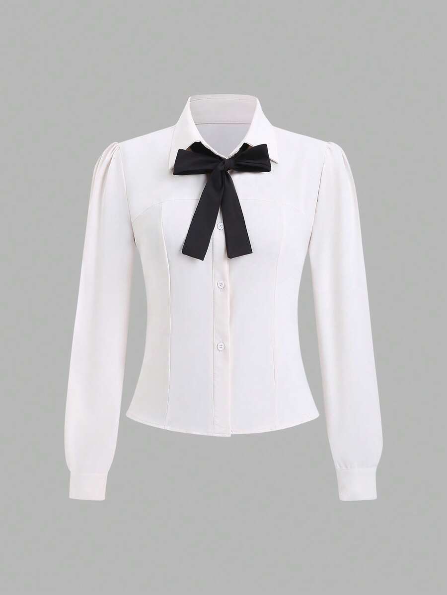 Sweetra Bow Decor Front Button Elegant Long Sleeve Shirt - Apricot - View 1