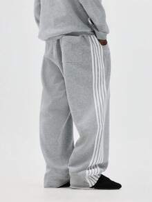 SUMWON 宽松条纹运动裤，毛边细节设计，休闲舒适，日常穿着舒适百搭 - 灰色 - 查看 3