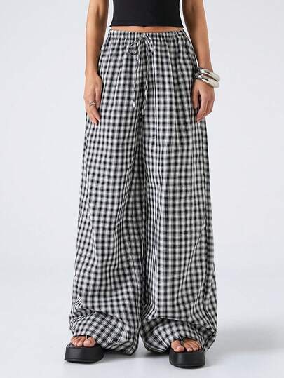 SHEIN EZwear Women's Loose Wide Leg Plaid Pants With Front Tie, Casual Daily Wear
