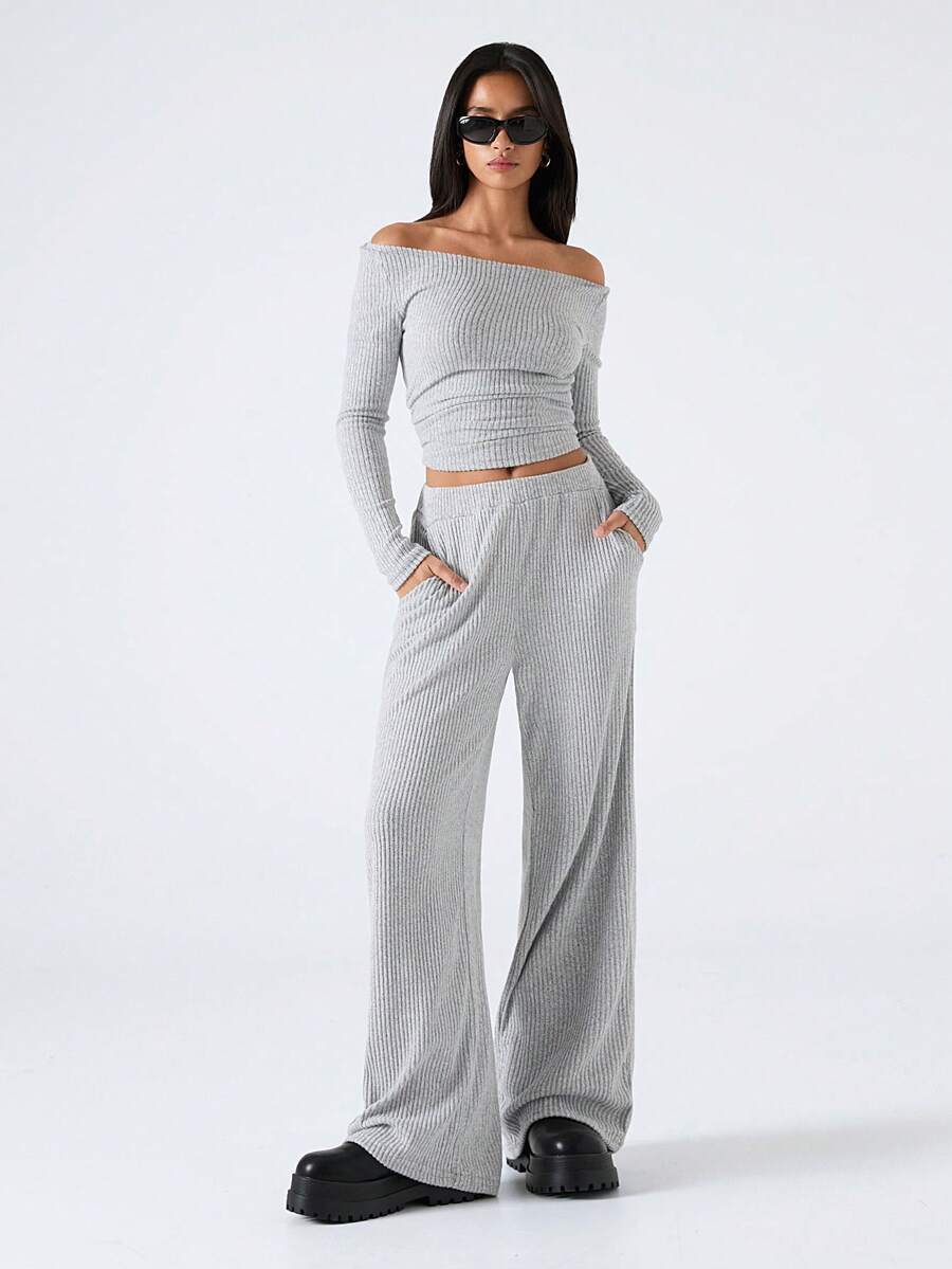 LYSMO 女士罗纹宽松船领上衣和阔腿裤套装 - 灰色 - 查看 1