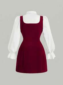 SHEIN MOD 大码蝴蝶结前襟荷叶袖二合一连衣裙 - 酒紅色 - 查看 2