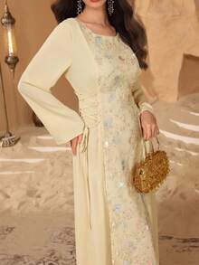 Al Najma Elegant Beaded Embroidery Round Neck Arabic Style Dress For Women - Apricot - View 4