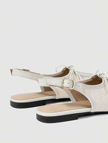 SheIn MOD 2025新款压纹蝴蝶结绑带装饰方头平底鞋，舒适百搭优雅女士通勤乐福鞋 - 杏色 - 查看 4