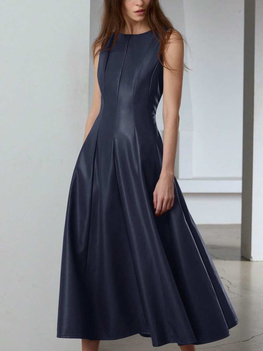 Aveloria Modichic Đầm không tay dáng xòe, thanh lịch, thời trang và giúp trẻ trung hơn, cổ tròn, xẻ tà, ôm eo dành cho phụ nữ. - Màu xanh hải quân - Xem 1