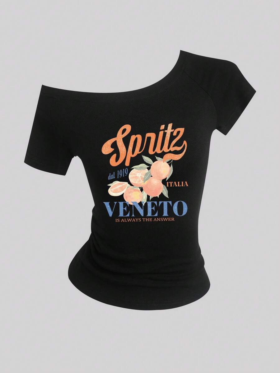 SHEIN Sweetro 女士夏季修身不对称肩部T恤，鸡尾酒橙色意大利海滩VENETO基础款露肩上衣 - 黑色 - 查看 1