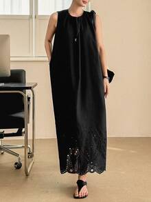 DAZY Đầm nữ thời trang thường ngày không tay viền lượn sóng, kiểu dáng mùa hè. - màu đen - Xem 4