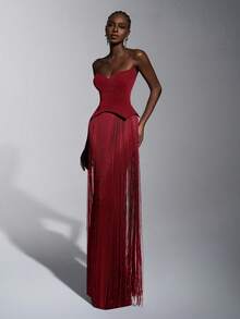 Elitara 优雅奢华性感针织亮片露肩猫领腰部流苏装饰修身连衣裙，适合晚宴、展览、商务活动等正式场合，女士晚礼服 - 酒紅色 - 查看 5