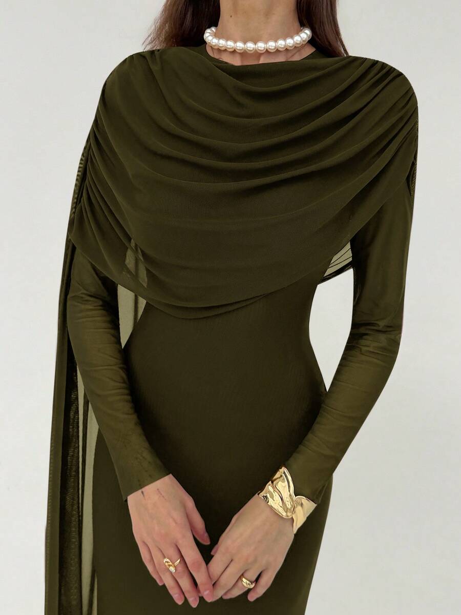 Aloruh Women's Elegant Ruffle Tie Long Dress, Autumn - Army Green - View 1