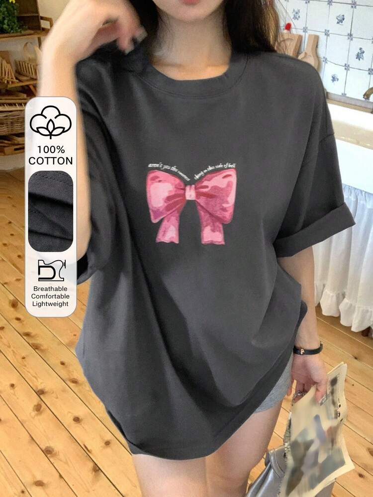 Women's Bow Print Loose Casual Round Neck Drop Shoulder T-Shirt Graphic Tees Women