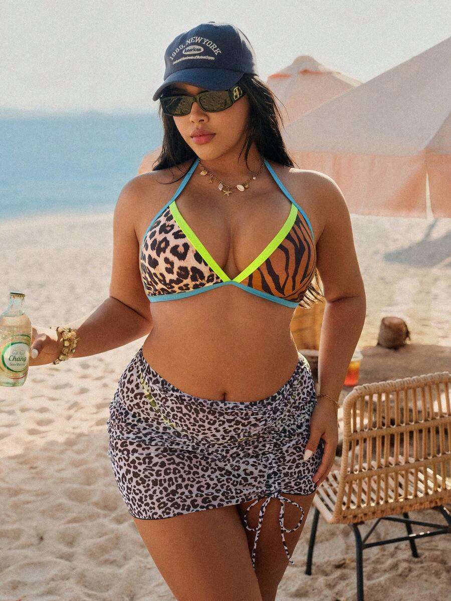 Swim Vcay Plus Size Women 3-Piece Swimsuit Set, Leopard Print Contrast Color Asymmetric Design, Summer Vacation - Multicolor - View 1