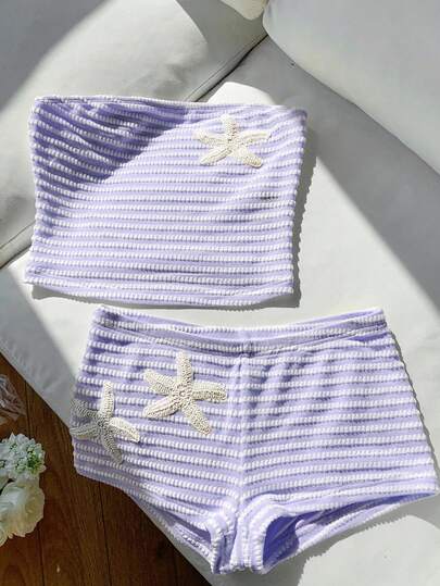 Comfortcana Women's Summer Beach Vacation Purple Lavender Striped Print Starfish Embroidery Bandeau Top And Shorts Set 2 Piece Summer Sets Shorts Bathing Suit Set Starfish Bathing Suit Beach 2 Piece Set Swimwear 2 Piece Set Bikini Set