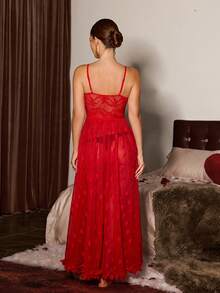 Slumberist Sexy Women's 3D Floral Heart Lace & Mesh Patchwork Nightgown Red Lingerie Dress Red Dresses For Women Red Night Gown Spaghetti Strap Lace Night Gown - Red - View 2