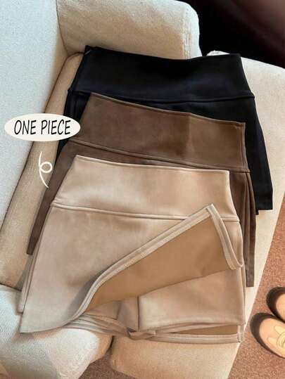 SHEIN PETITE Women's Petite, Short-Legged, Fashionable New Brown Suede Midi Skirt, High-Waisted, Slimming, Anti-Exposure, A-Line Slit Shorts Skirt, Women's Mini Skirt,Winter Clothes For Women,Summer,Spring,Valentine's Day ,Romance , Dating,Beach, Wedding,Birthday,Going Out,Elegant,Casual,Vacation,Graduation Season Attire, Fashionable Casual Commuter Wear, Business Office Wear, Versatile And Stylish Everyday Casual Wear, Urban Teacher's Professional Attire
