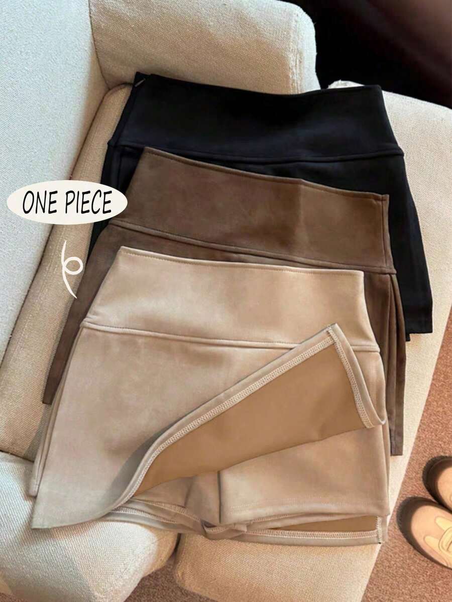 SHEIN PETITE 时尚新款绒面高腰修身A字开衩短裙，女士春秋季 - 卡其色 - 查看 1