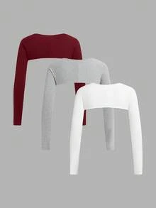 SHEIN BASICS 3件套休闲纯色针织圆领短款女式上衣 3件装上衣 长袖短款上衣 紧身上衣 女士长袖上衣 - 酒紅色 - 查看 2