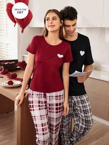 CoupledUp Men's Plaid Print Heart & Milk Silk Casual Short Sleeve Pajama Set - Black - View 8