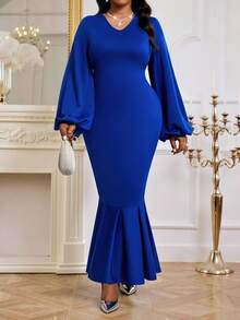 Fleurora Autumn And Winter Elegant Navy Blue Dress V Neck Bishop Sleeve Mermaid Dress Plus Size Solid Color V-Neck Fishtail Hem Elegant Long Sleeve Dress Fall Clothes For Women Elegant Dresses For Party New Year Dress Fall Clothes For Women - Blue - View 4