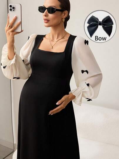 MaterniWear Vestido elegante de maternidad con cuello de barco, mangas acampanadas y decoración de lazo