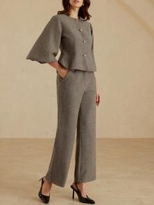 Aveloria Rosie Elegant Herringbone Puff Sleeve Cinched Waist Jacket And Pants Commuter Suit - Khaki - View 4