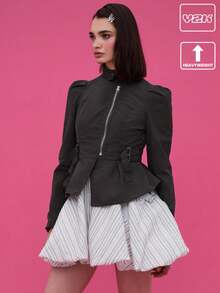 COUREZ 拉链束身运动领外套，侧边带扣细节 / Y2K 外出穿搭 秋季女装 秋季服装 可爱冬季外出上衣 秋季上衣 冬季女装 哥特风 - 灰色 - 查看 1