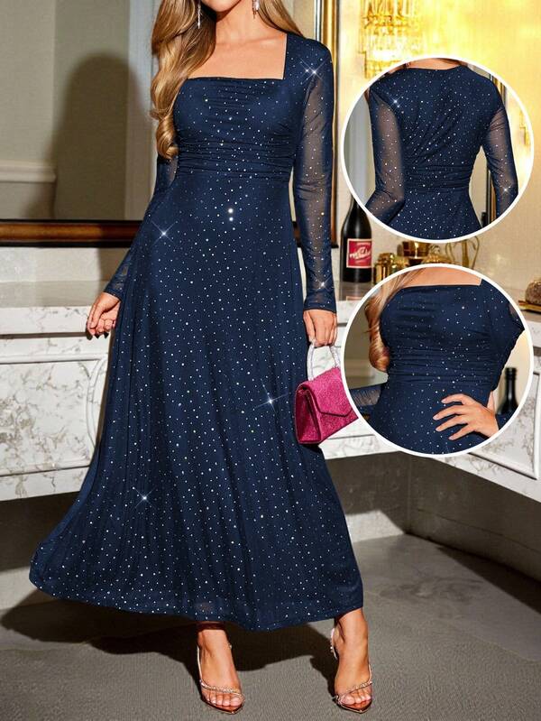 Amorya Women's Elegant Square Collar Rhinestone Mesh Knit Dress, Suitable For Family Gatherings, Parties And Multiple Occasions, Autumn Navy Blue Blue Sparkly Dress Long Sleeve Elegant Midi Dress Navy Blue Elegant Dress Navy Blue Midi Dress