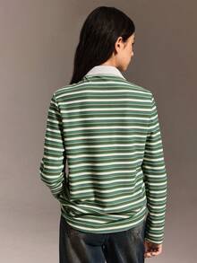Teenage Girls' Long Sleeve T-Shirt, Green Striped Collar Patchwork Casual Top, Suitable For Autumn/Winter Vacation, Shopping, Travel, Can Be Paired With Jeans, Sweatpants, Fashion Minimalist Korean Style - Green - View 2