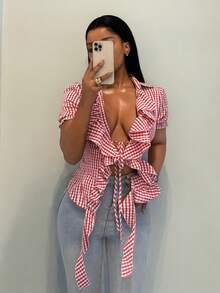 BamGleam 女士时尚荷叶边格子系带短袖衬衫 - 紅色 - 查看 5