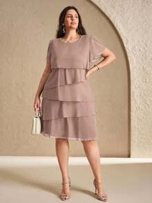 Chikora 大码夏季纯色花瓣袖连衣裙 - 粉色 - 查看 5