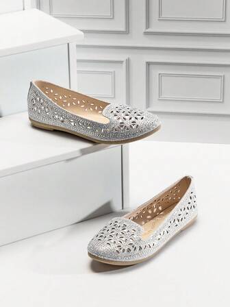 Mini mi Bailarinas de niña con puntera redonda, adornadas con cristales, con corte de flor y brillo plateado - Elegantes, brillantes y perfectas para eventos especiales