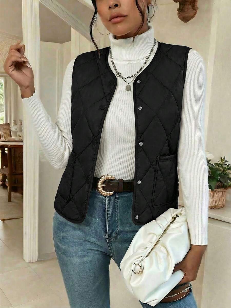 Chaleco acolchado para mujer: ligero, cálido y con cremallera frontal, Abrigos para mujer. - Negro - Ver 1