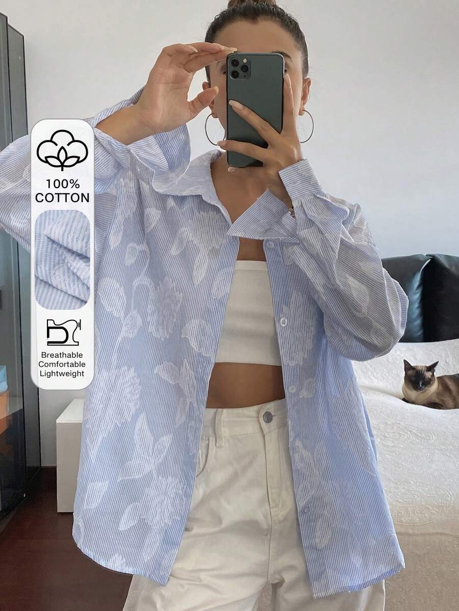 DAZY Loose Fit Striped Color Block Textured Floral Pleated Long Sleeve Casual Business Shirt For Women, Suitable For Autumn & Spring - Blue - View 1