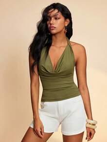 Travachic 女士纯色垂褶领无袖露背修身吊带上衣，适合度假休闲场合，夏季假期、春假、派对、海滩、春季、情人节、女士情人节、狂欢节服装，优雅，花卉图案，适合春夏季节、派对、夏季上衣、情人节上衣、婚礼宾客上衣、生日上衣、派对上衣、优雅女士上衣、花卉上衣、夏季上衣、狂欢节服装、墨西哥风情波西米亚风女士上衣 - 綠色 - 查看 5