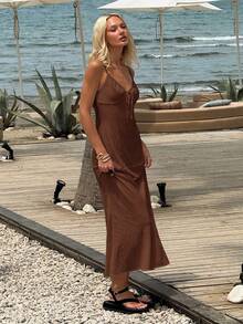 SHEIN EZwear 女士休闲度假风纯色前系结鱼尾下摆吊带连衣裙，夏季棕色长裙，锈棕色连衣裙，棕色婚礼宾客礼服，棕色长款连衣裙，棕色伴娘礼服，棕色吊带裙，巧克力棕色连衣裙，棕色太阳裙，夏季连衣裙，度假连衣裙，舞会礼服，女士连衣裙，棕色伴娘礼服，女士连衣裙，优雅经典 - 棕色 - 查看 5