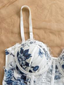 Soleia Leopard Print Bustier Lace Trim Bodysuit, Sexy Backless Spaghetti Strap Slim Fit Bodysuit For Holiday, Party, Date, Valentine's Day, Afternoon Tea - Blue and White - View 5