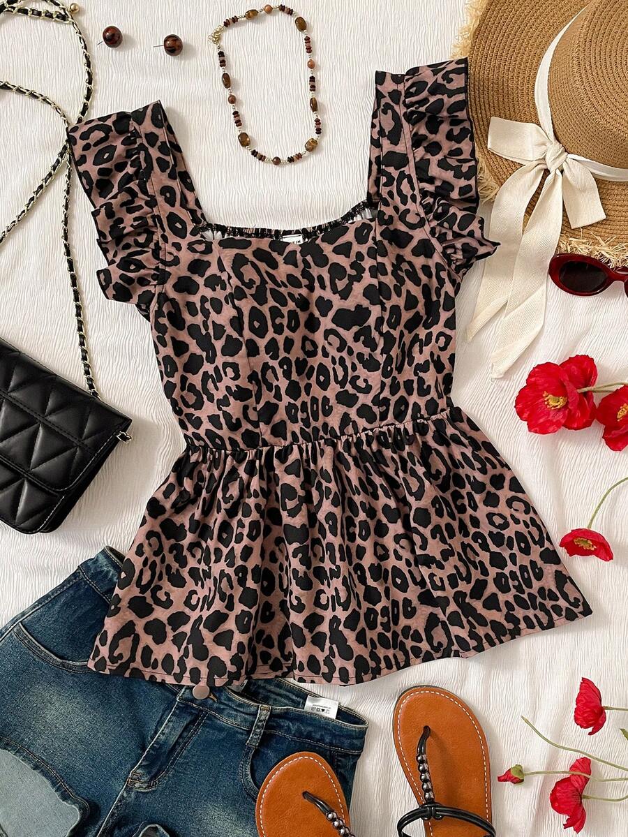 Áo kiểu ngắn tay ôm sát, họa tiết da báo, viền bèo nhún dành cho nữ tuổi teen, áo thun crop top thời trang thường ngày, đa năng cho trang phục hàng ngày và các buổi tụ họp mùa xuân/hè. - màu nâu - Xem 1