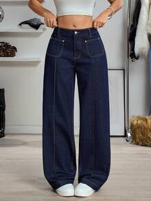 SHEIN Unity Y2K Fashion Patch Pocket Washed Relaxed Straight Leg Jeans - Dark Wash - View 8