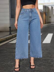 SHEIN ICON Quần jeans ống đứng cạp chun, gấu quần rách tua rua dành cho nữ cỡ lớn, màu xám nhạt. - Rửa nhẹ - Xem 1