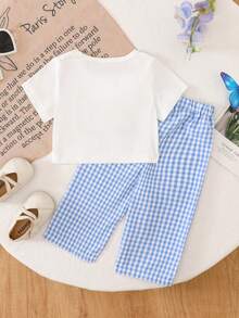 SHEIN 2pcs Baby Girl Toddler/Newborn 0-3Y Cute Casual Striped Bow Decor T-Shirt + Striped Pants Set, Infant Morandee Blue Outfit, Spring/Summer - Blue - View 2