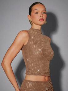 Hauture Sexy Summer Party Burgundy Red Mock Neck Hot Fixed Rhinestone Double Layer Mesh Tank Top - Khaki - View 6