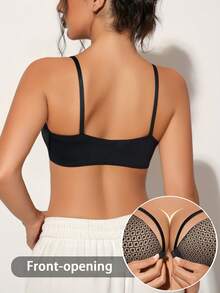 女士钢圈文胸，细肩带设计，时尚舒适，性感迷人，适合外穿、约会和日常穿着，网纱拼接设计 - 黑色 - 查看 2