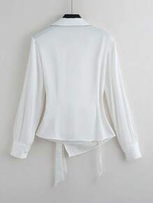 Franclia 女士亮面府绸衬衫，金属扣系带设计，休闲百搭，适合日常通勤、下午茶、约会等场合，长袖设计，春秋季款 - 白色 - 查看 2